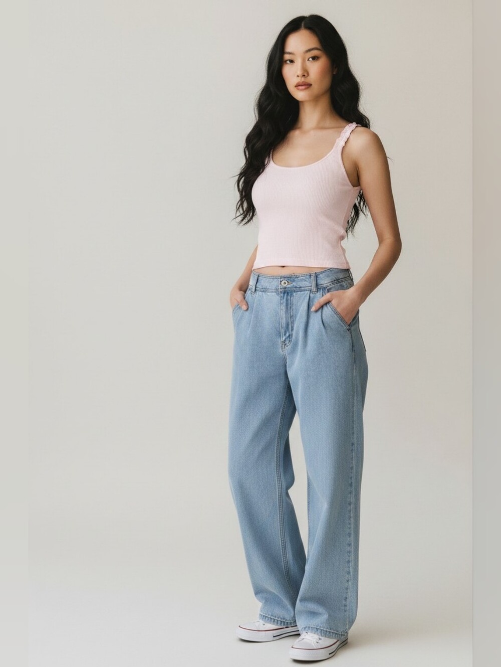 Hippie Rose Pink Navy Blue Ruffle strap seamless tank top size Large